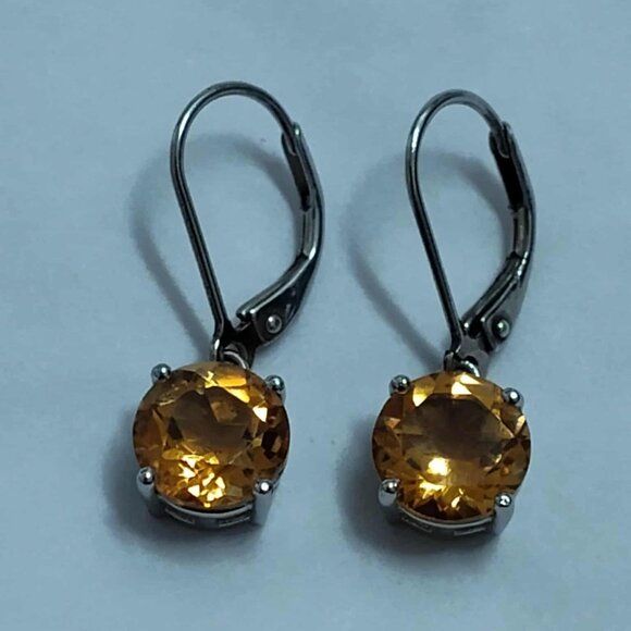 3.75ctw round Brazilian Citrine, Rhodium over .925 sterling dangle earrings - Picture 2 of 12